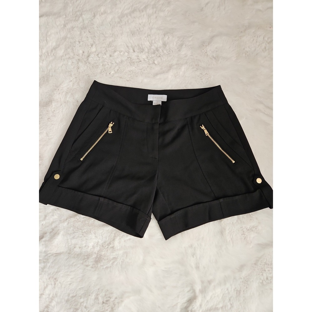 Caché Black Trouser Shorts Gold Zipper & Button Accent Cuffed Hem Size 2